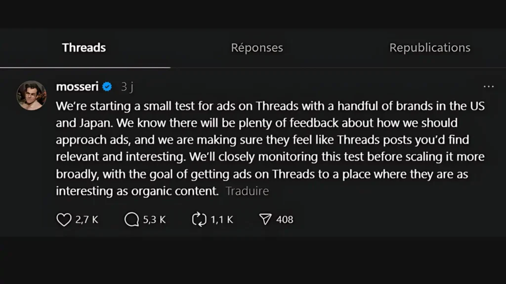 Meta lance des tests de publicités sur Threads